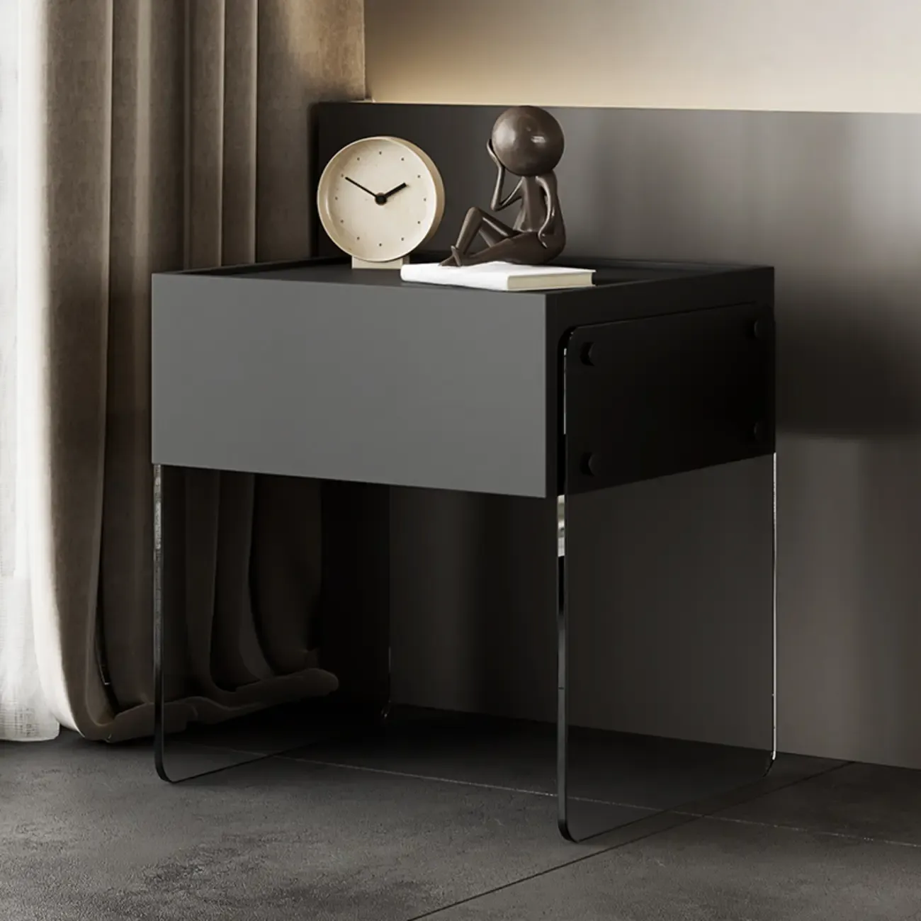 Modern Black Wood Nightstand with Glass Legs Drawer Storage Image - 3