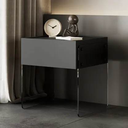 Modern Black Wood Nightstand with Glass Legs Drawer Storage Image - 3