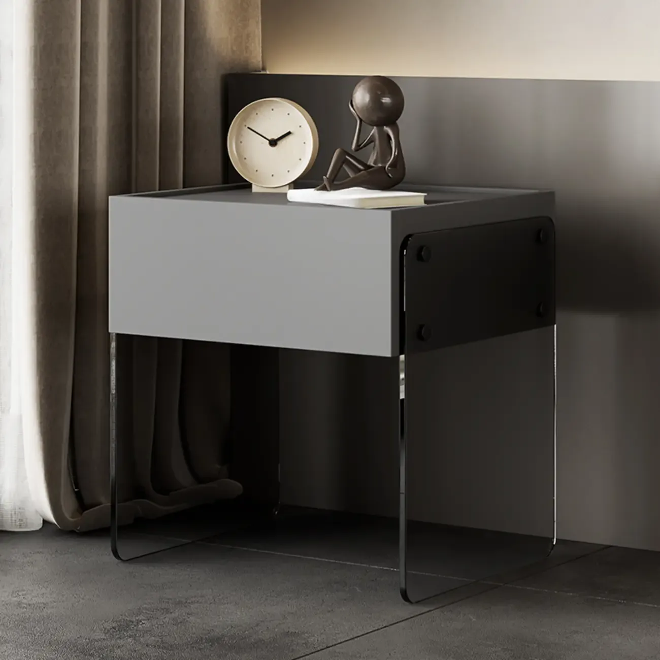 Modern Black Wood Nightstand with Glass Legs Drawer Storage Image - 4