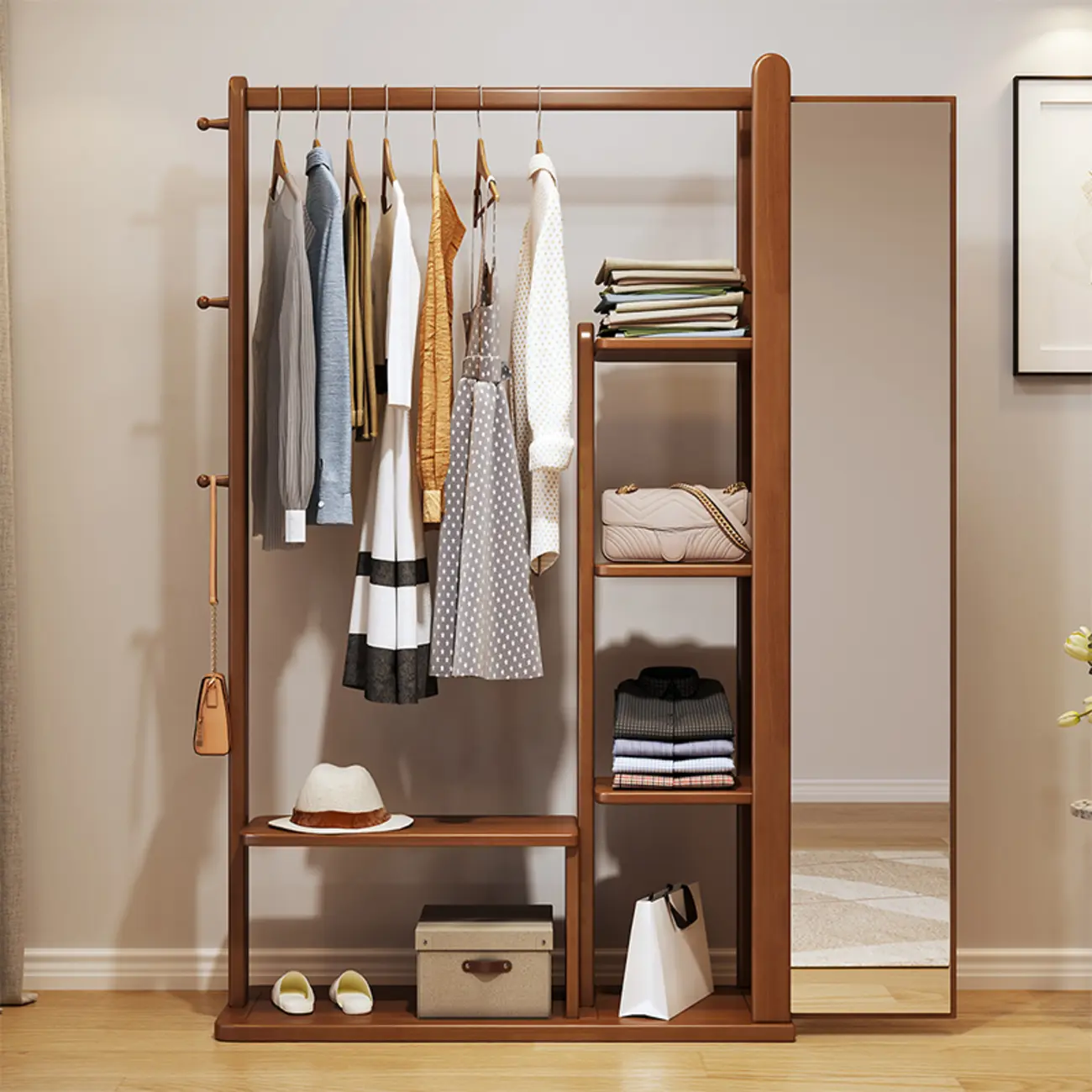 Nordic Wooden Hall Tree with Shelves and Mirror Image - 5 | homeyfad