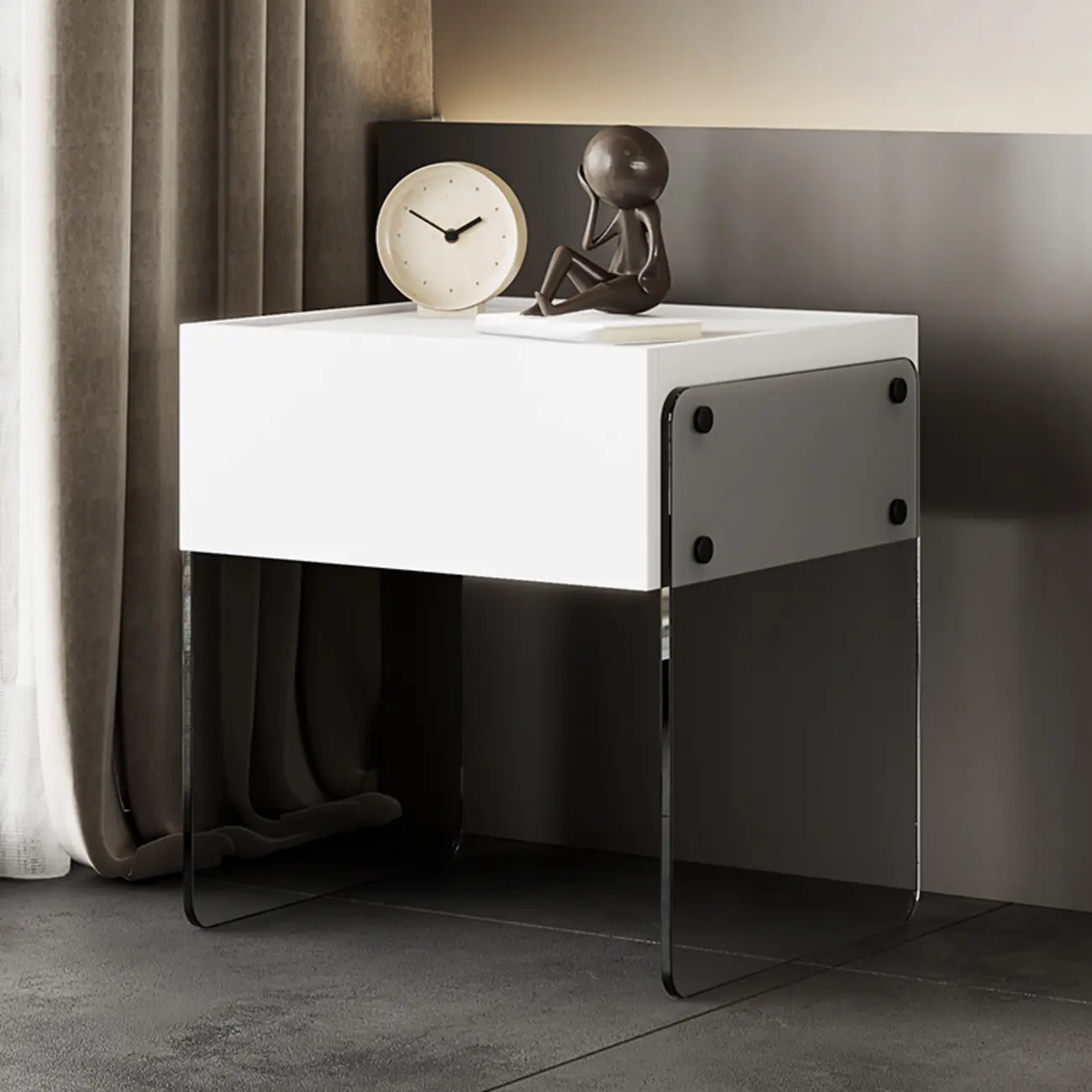 Modern Black Wood Nightstand with Glass Legs Drawer Storage Image - 2 | homeyfad