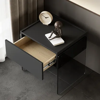 Modern Black Wood Nightstand with Glass Legs Drawer Storage Image - 6