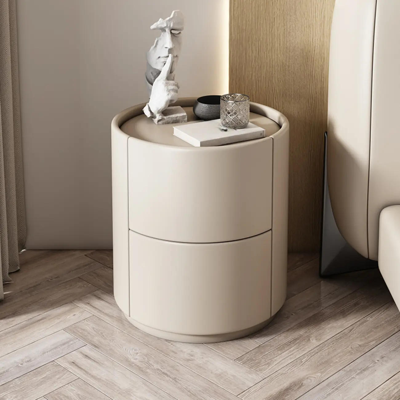 Simplistic Cylindrical Bedside Table with 2 Drawers Image - 1 | homeyfad