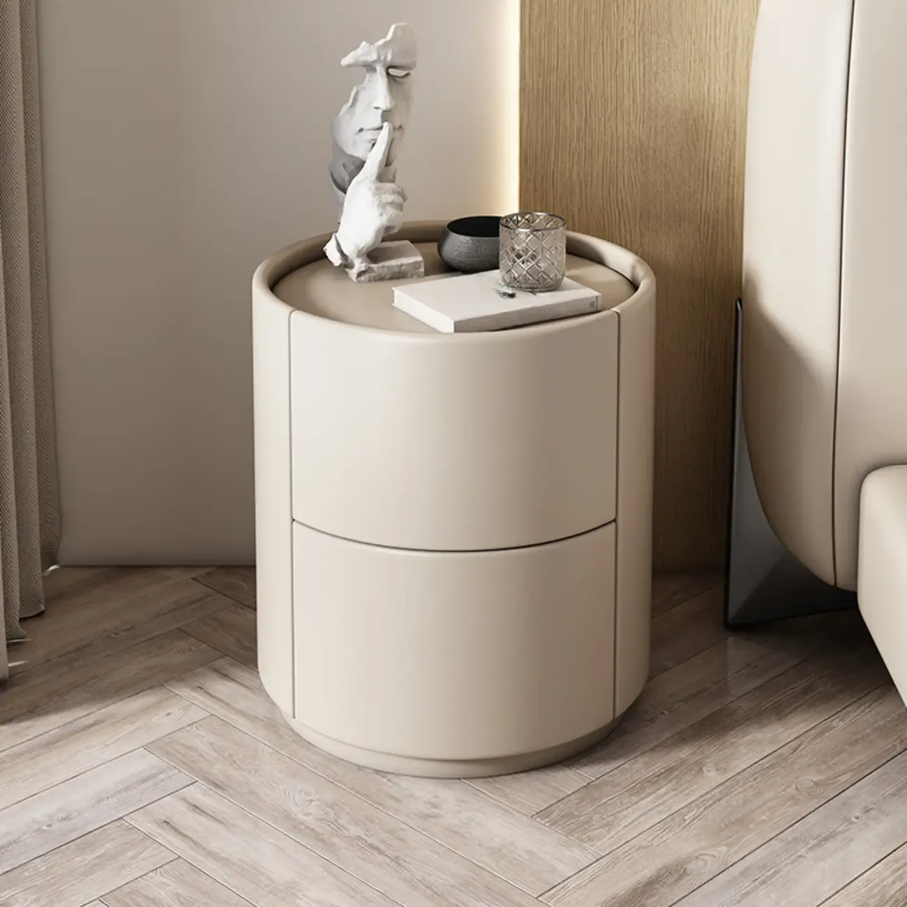 Simplistic Cylindrical Bedside Table with 2 Drawers Image - 1