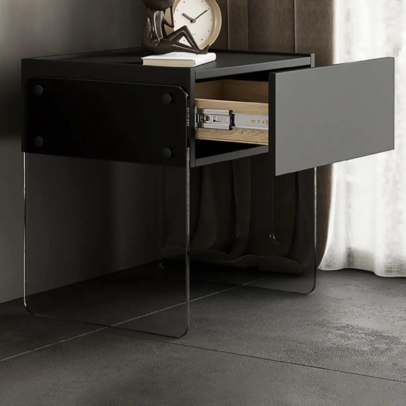 Modern Black Wood Nightstand with Glass Legs Drawer Storage Image - 7 | homeyfad