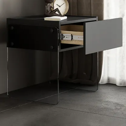 Modern Black Wood Nightstand with Glass Legs Drawer Storage Image - 7