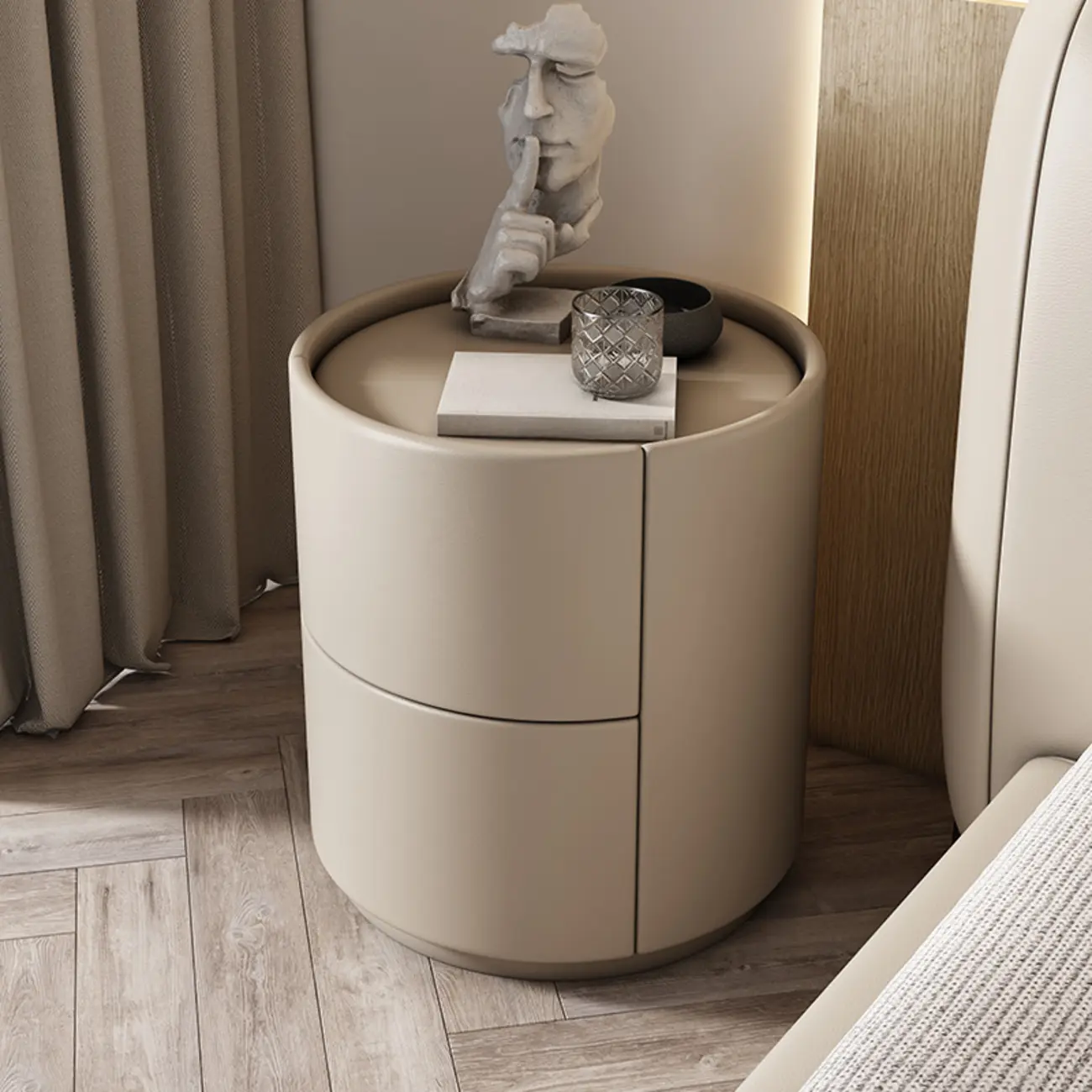 Simplistic Cylindrical Bedside Table with 2 Drawers Image - 3 | homeyfad