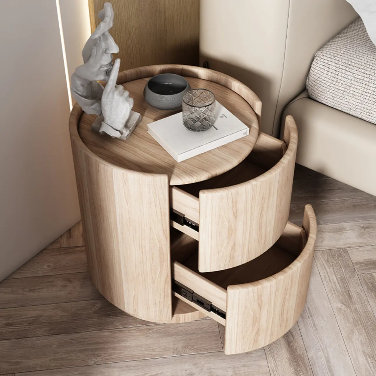 Simplistic Cylindrical Bedside Table with 2 Drawers Image - 4 | homeyfad