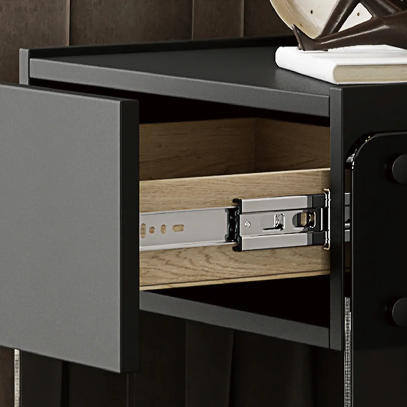 Modern Black Wood Nightstand with Glass Legs Drawer Storage Image - 10 | homeyfad