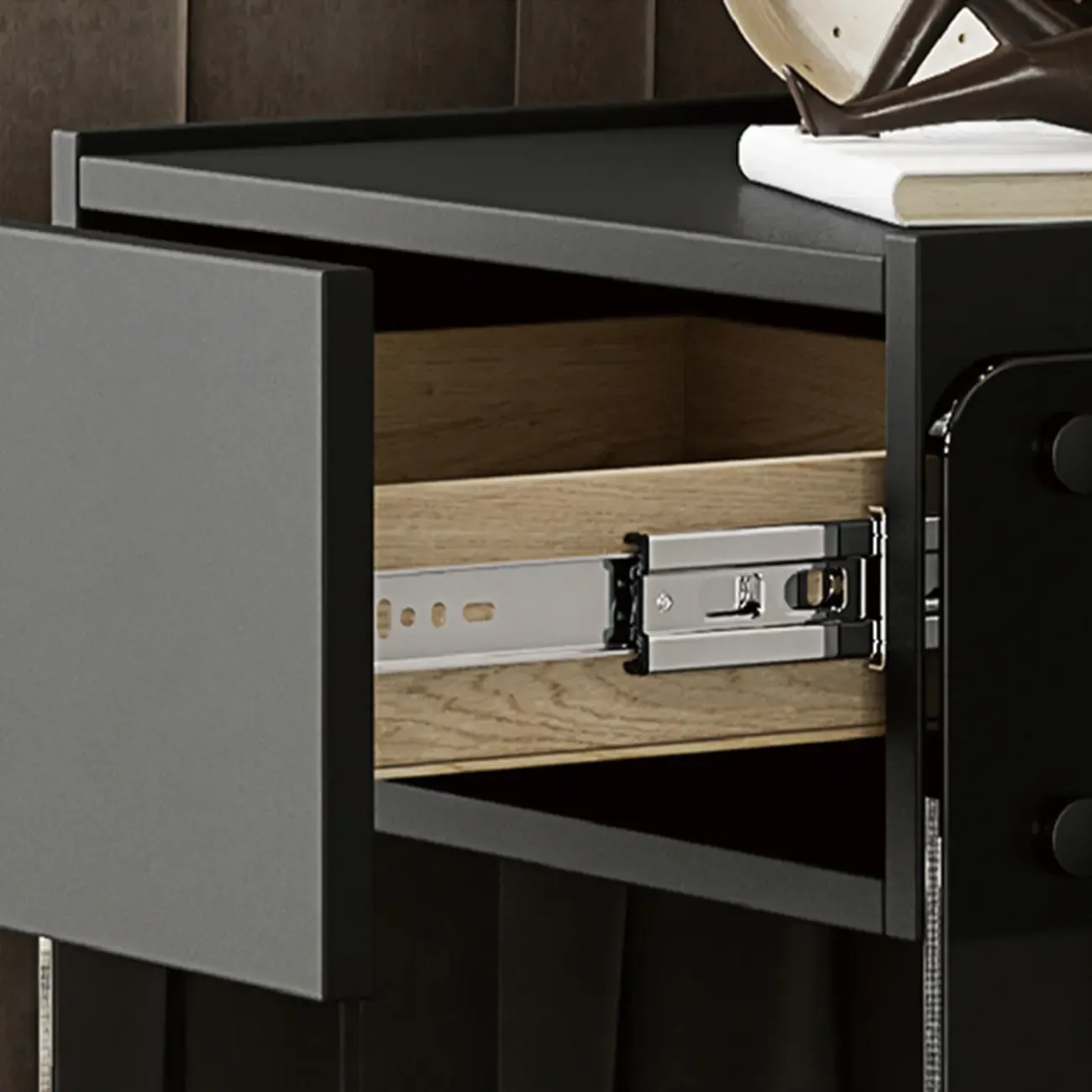 Modern Black Wood Nightstand with Glass Legs Drawer Storage Image - 10