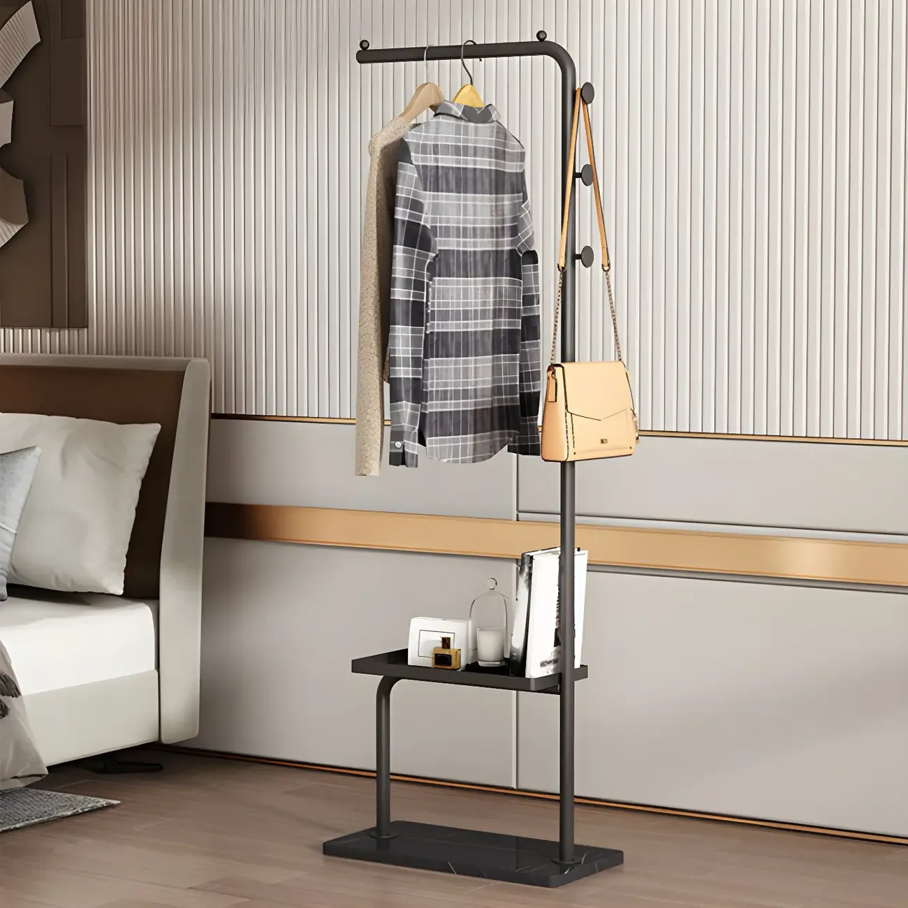 Glam Black Metal Freestanding Coat Rack with Storage Image - 2