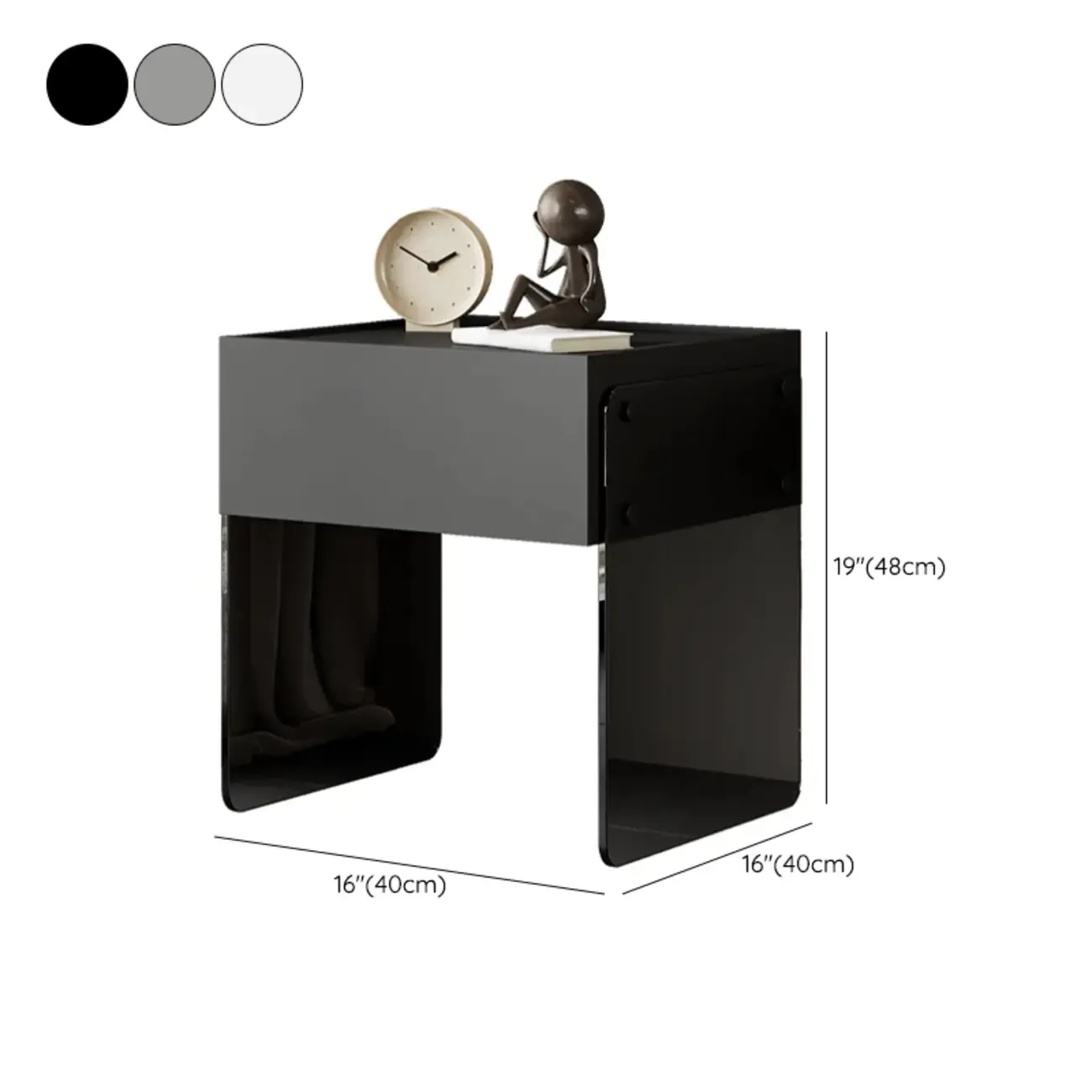 Modern Black Wood Nightstand with Glass Legs Drawer Storage #size