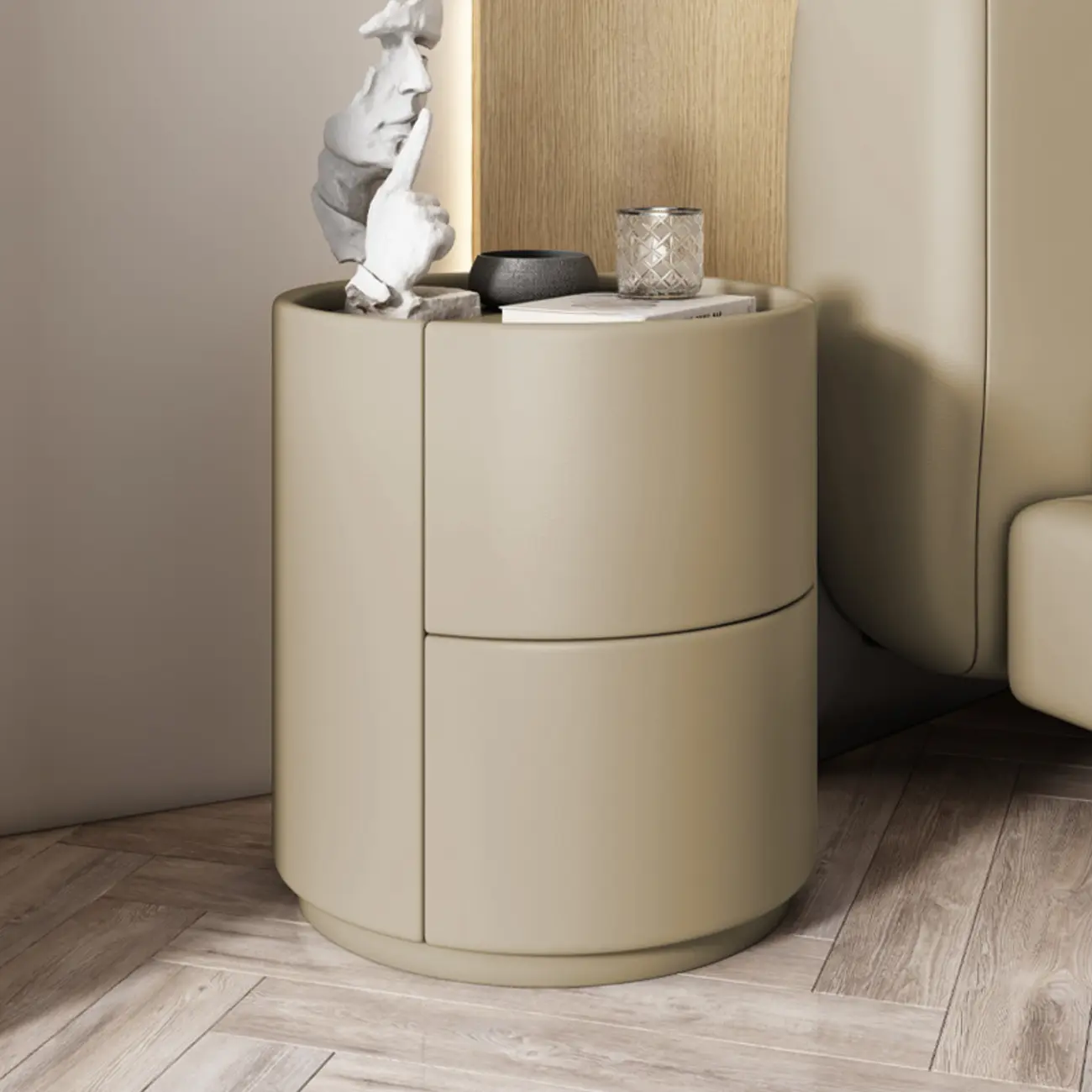 Simplistic Cylindrical Bedside Table with 2 Drawers Image - 6 | homeyfad