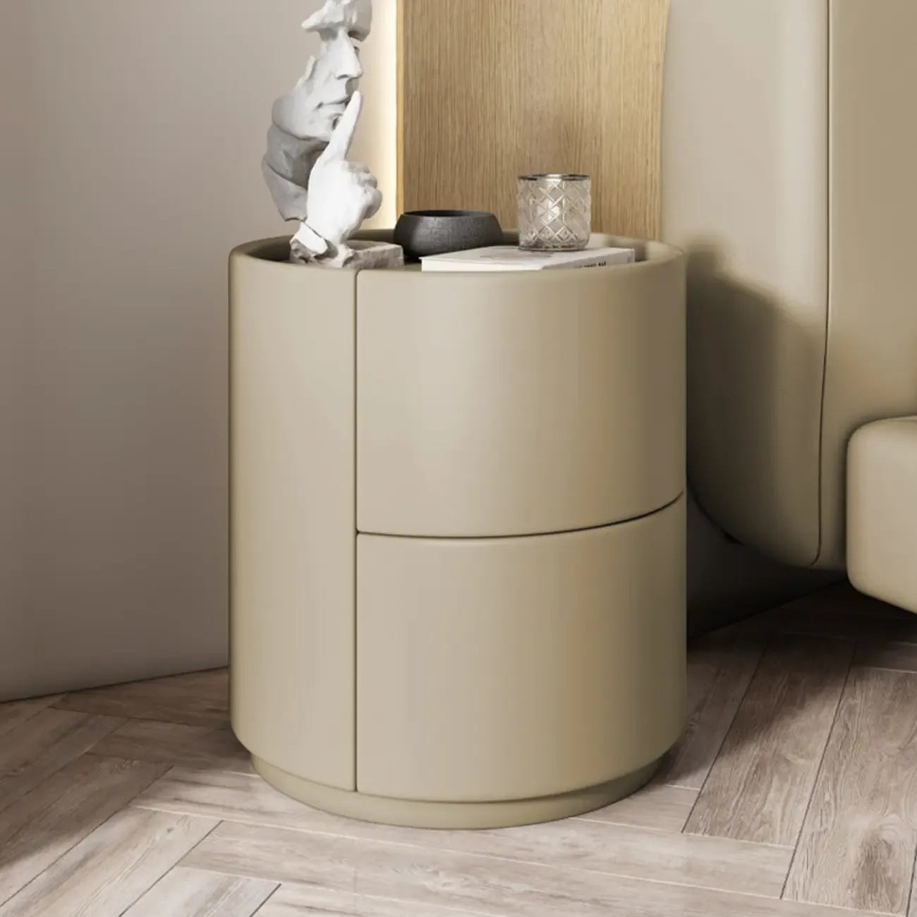 Simplistic Cylindrical Bedside Table with 2 Drawers Image - 6
