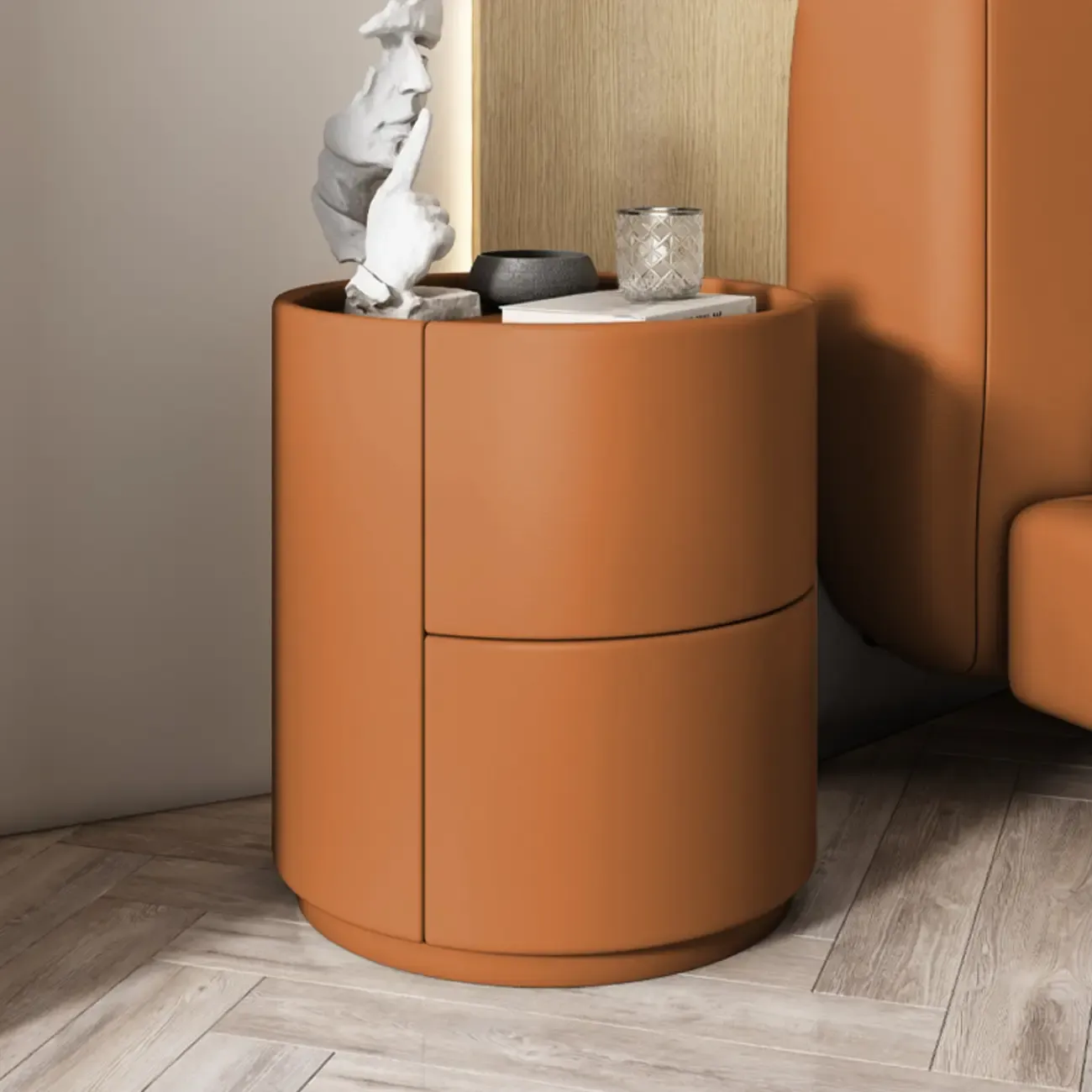 Simplistic Cylindrical Bedside Table with 2 Drawers Image - 8