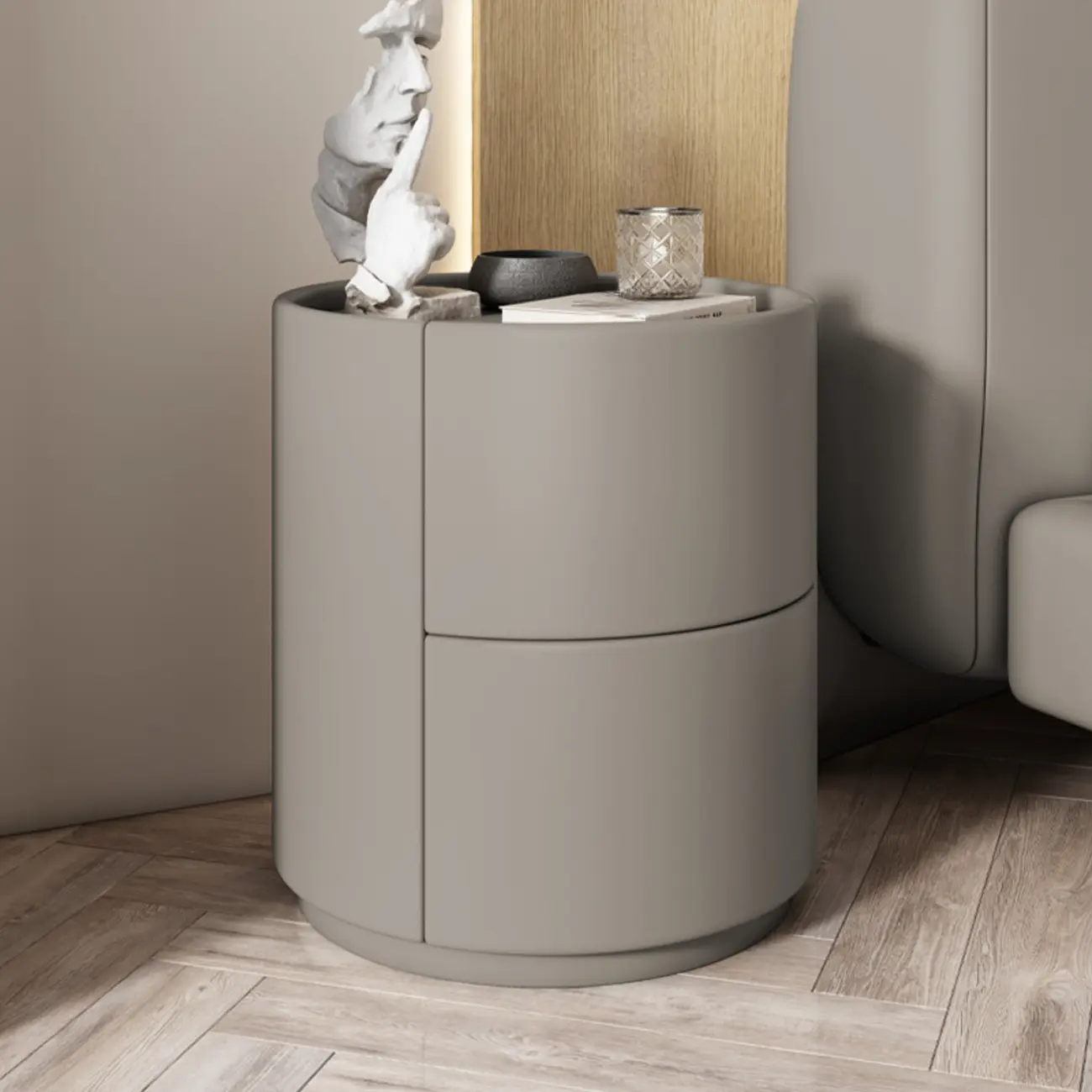 Simplistic Cylindrical Bedside Table with 2 Drawers Image - 9 | homeyfad