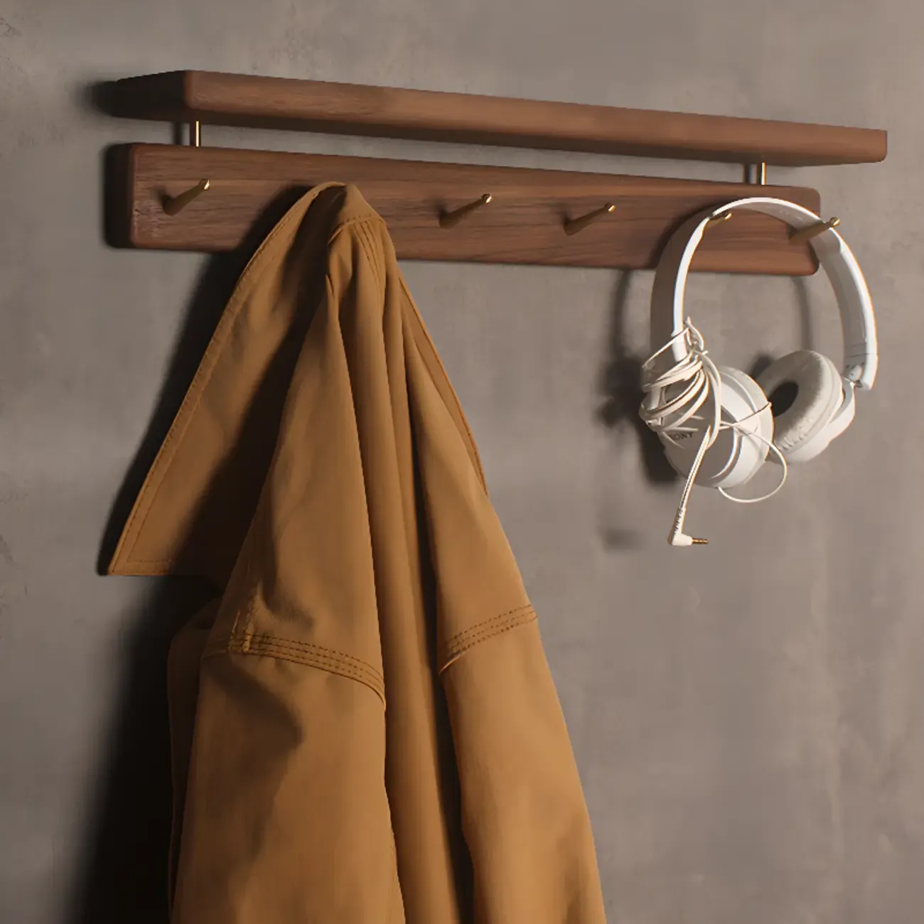 Modern Wooden Wall-Mounted Coat Rack with Shelf Image - 4