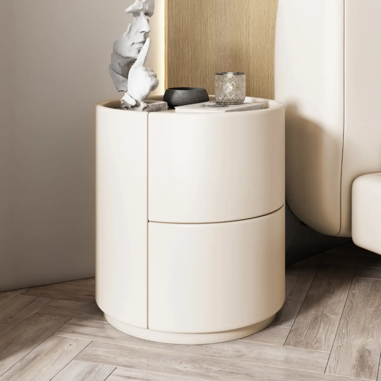 Simplistic Cylindrical Bedside Table with 2 Drawers Image - 10 | homeyfad
