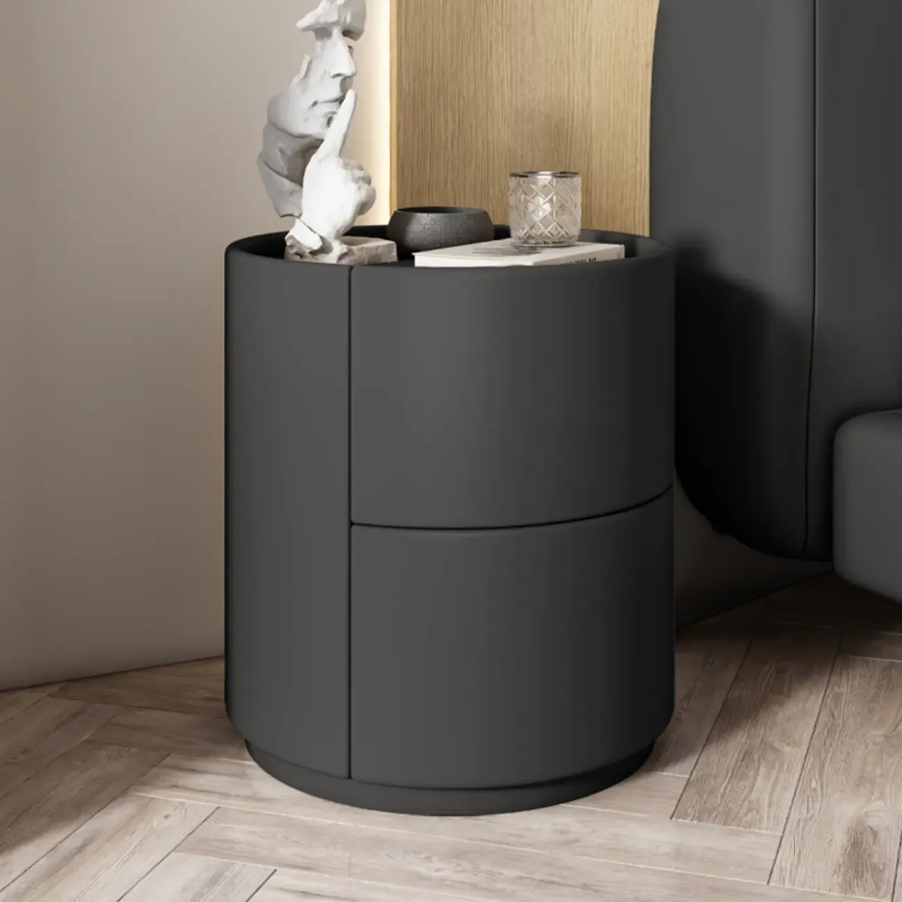 Simplistic Cylindrical Bedside Table with 2 Drawers Image - 11