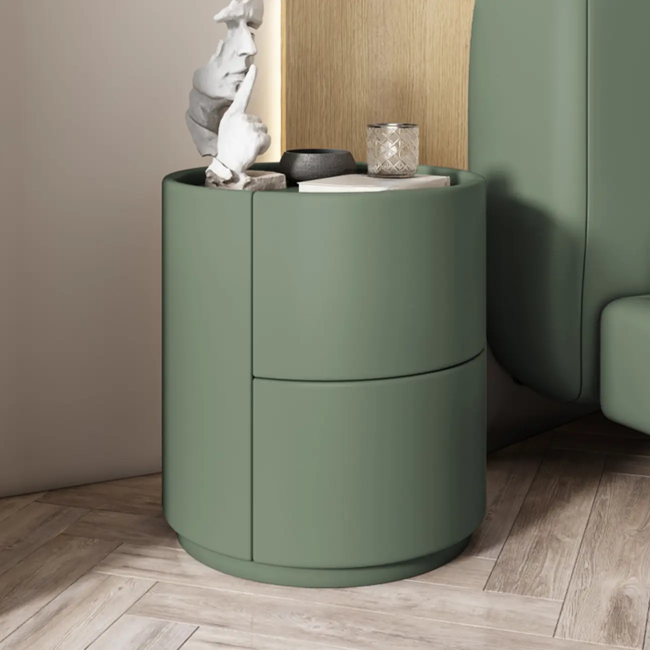 Simplistic Cylindrical Bedside Table with 2 Drawers Image - 12 | homeyfad