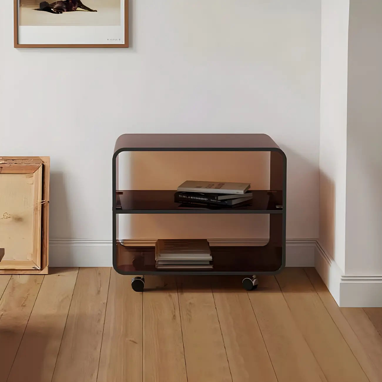 Modish Acrylic Bedside Table with Wheels and Open Shelves Image - 1 | homeyfad