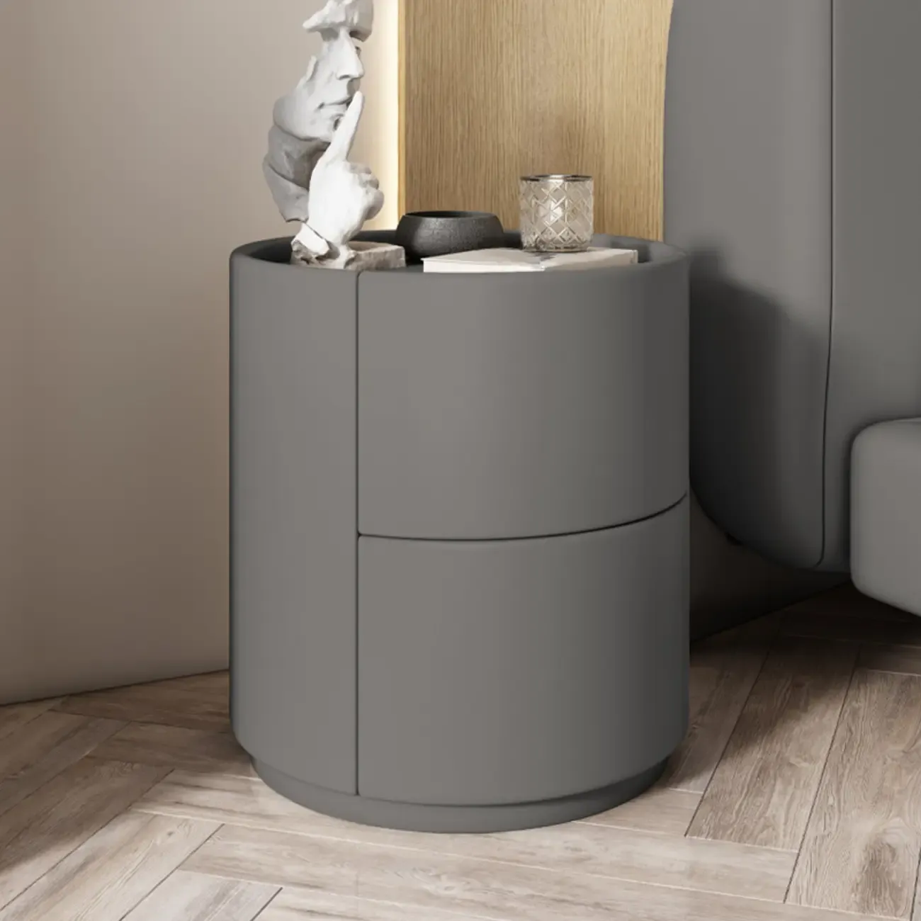 Simplistic Cylindrical Bedside Table with 2 Drawers Image - 13