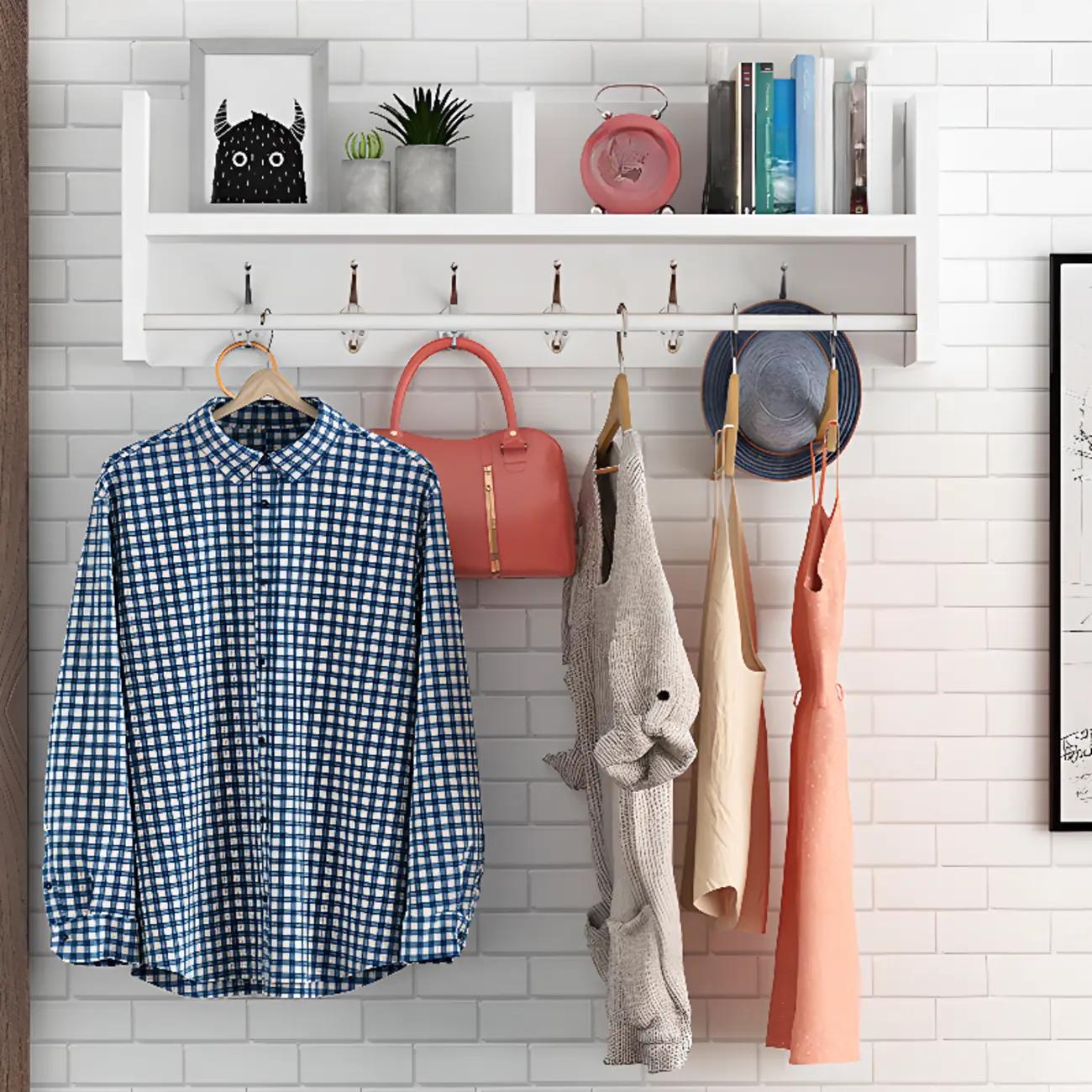 Scandinavian Wooden Floating Mount Coat Rack with Hooks Image - 1 | homeyfad