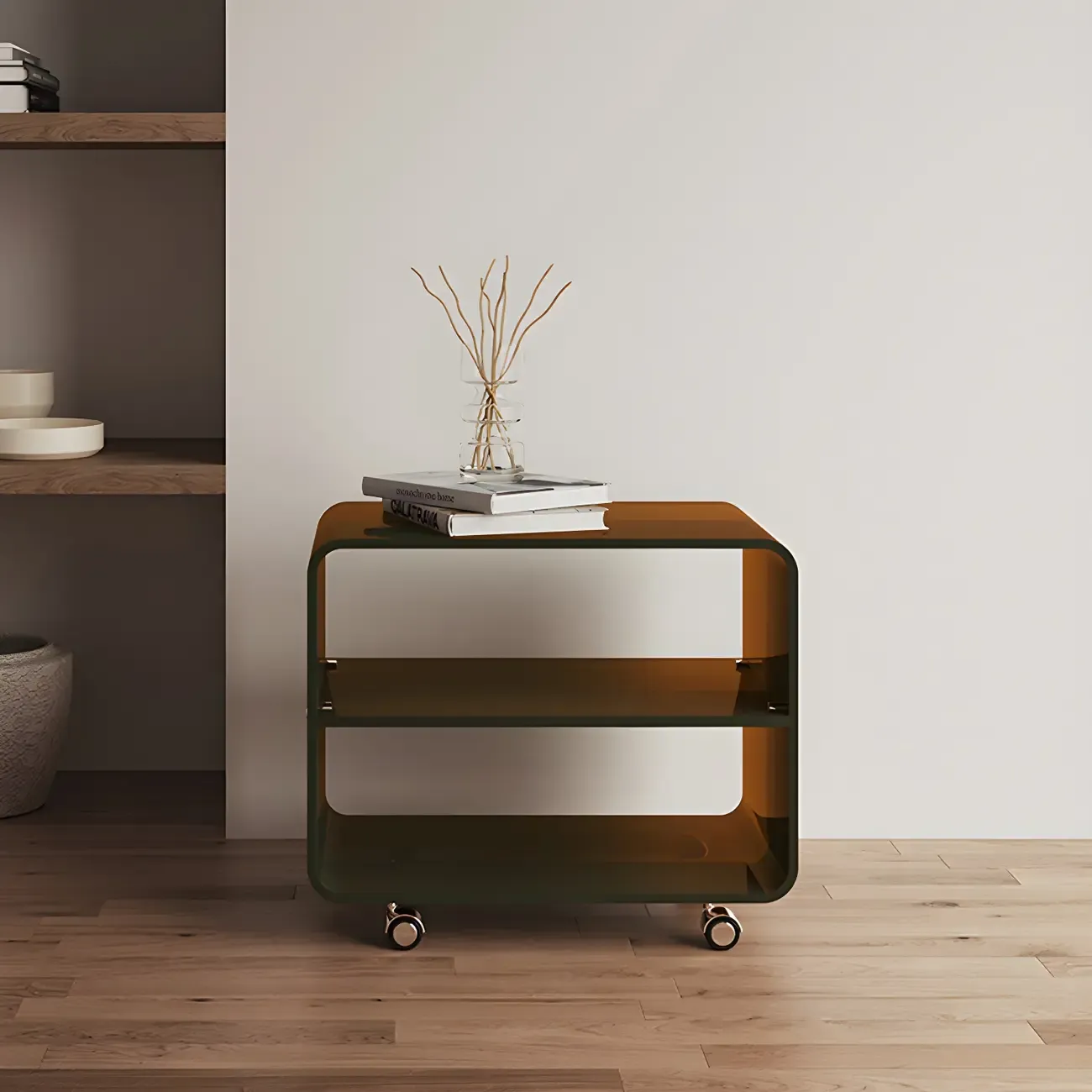 Modish Acrylic Bedside Table with Wheels and Open Shelves Image - 2