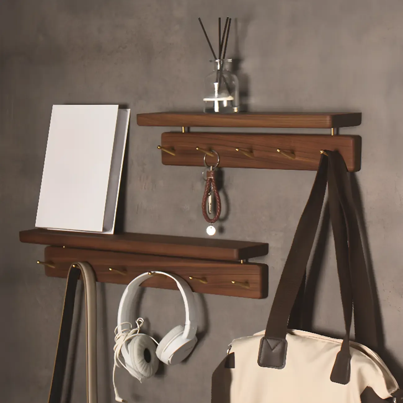 Modern Wooden Wall-Mounted Coat Rack with Shelf Image - 8