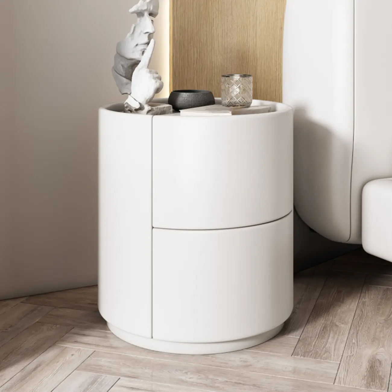 Simplistic Cylindrical Bedside Table with 2 Drawers Image - 14 | homeyfad