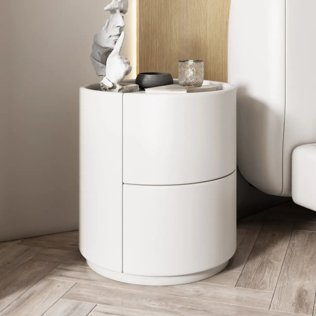 Simplistic Cylindrical Bedside Table with 2 Drawers Image - 14
