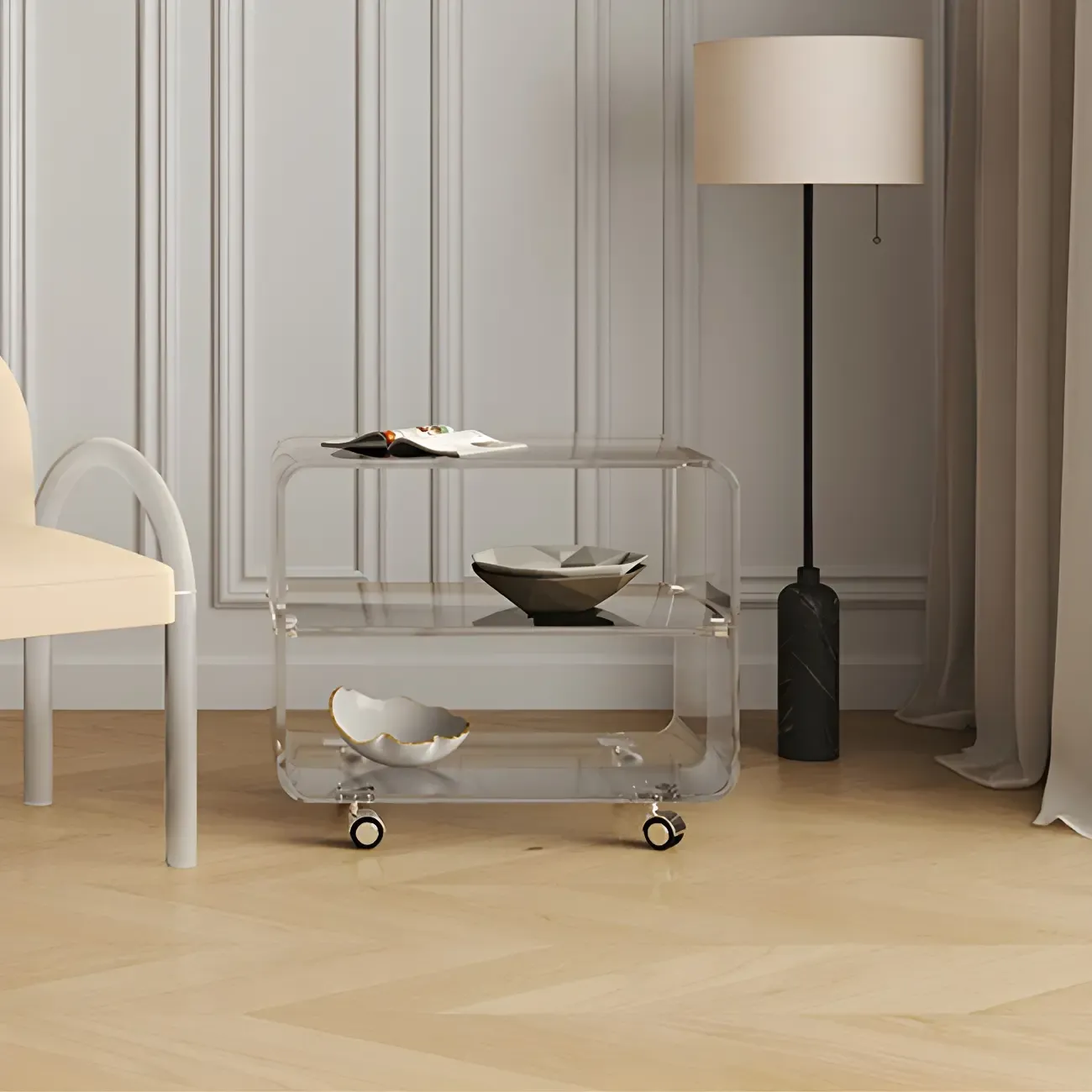 Modish Acrylic Bedside Table with Wheels and Open Shelves Image - 3