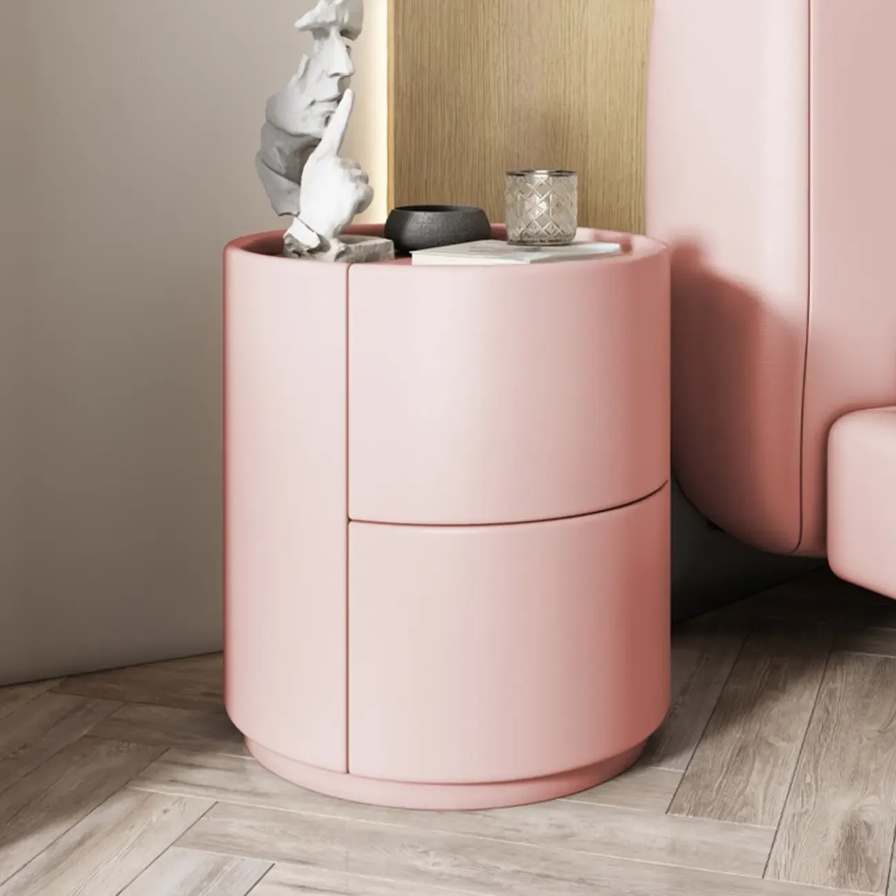 Simplistic Cylindrical Bedside Table with 2 Drawers Image - 15