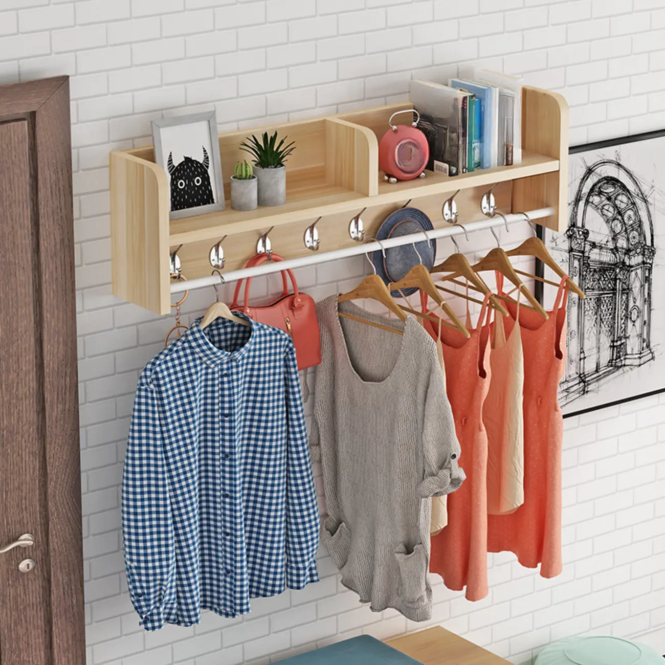 Scandinavian Wooden Floating Mount Coat Rack with Hooks Image - 2 | homeyfad