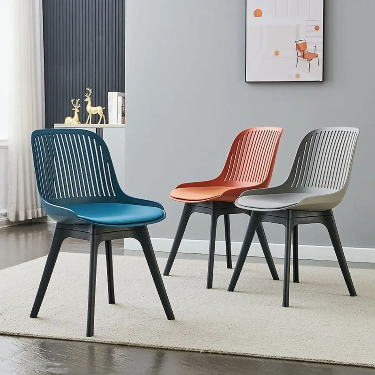 Modern Slat Back Plastic Dining Chair Armless with Metal Legs Image - 1
