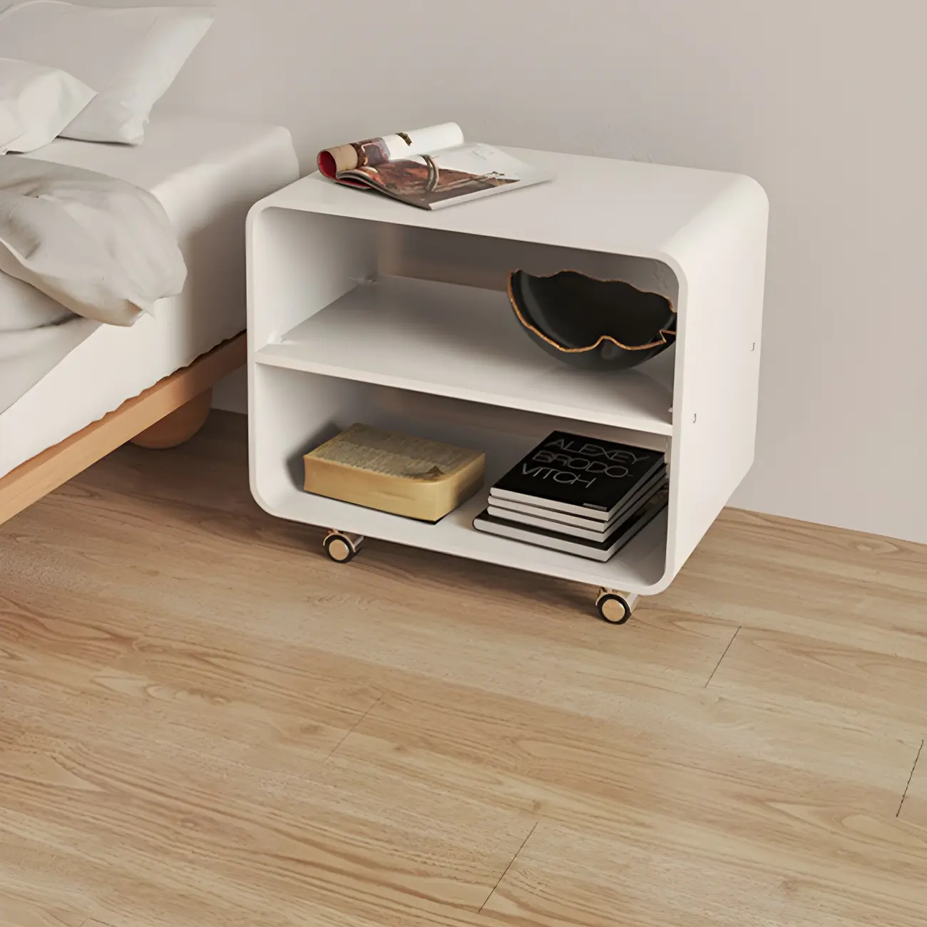 Modish Acrylic Bedside Table with Wheels and Open Shelves Image - 4 | homeyfad