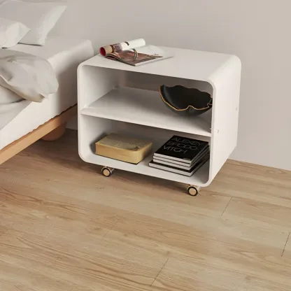 Modish Acrylic Bedside Table with Wheels and Open Shelves Image - 4