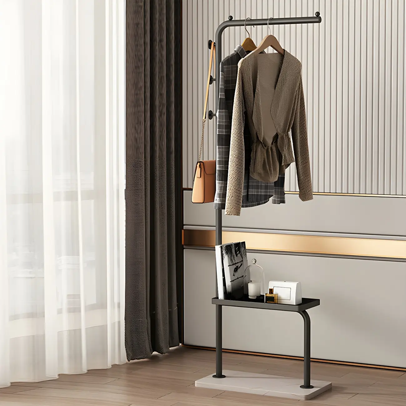 Glam Black Metal Freestanding Coat Rack with Storage Image - 12 | homeyfad