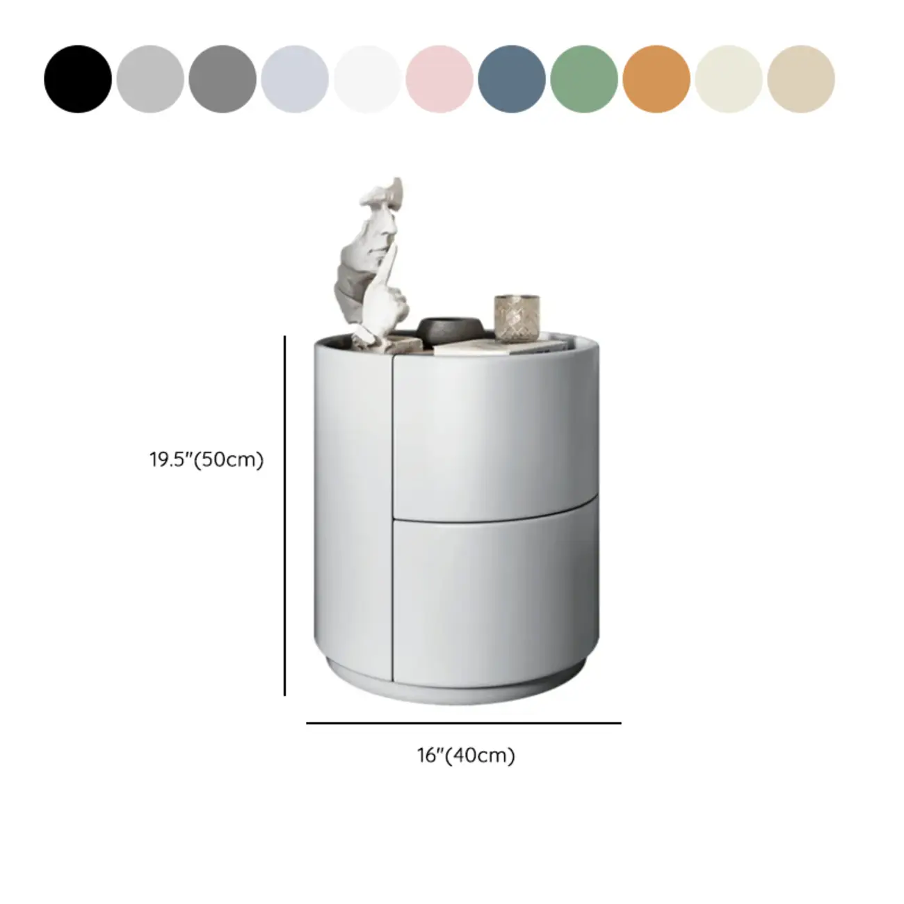 Simplistic Cylindrical Bedside Table with 2 Drawers #size | homeyfad