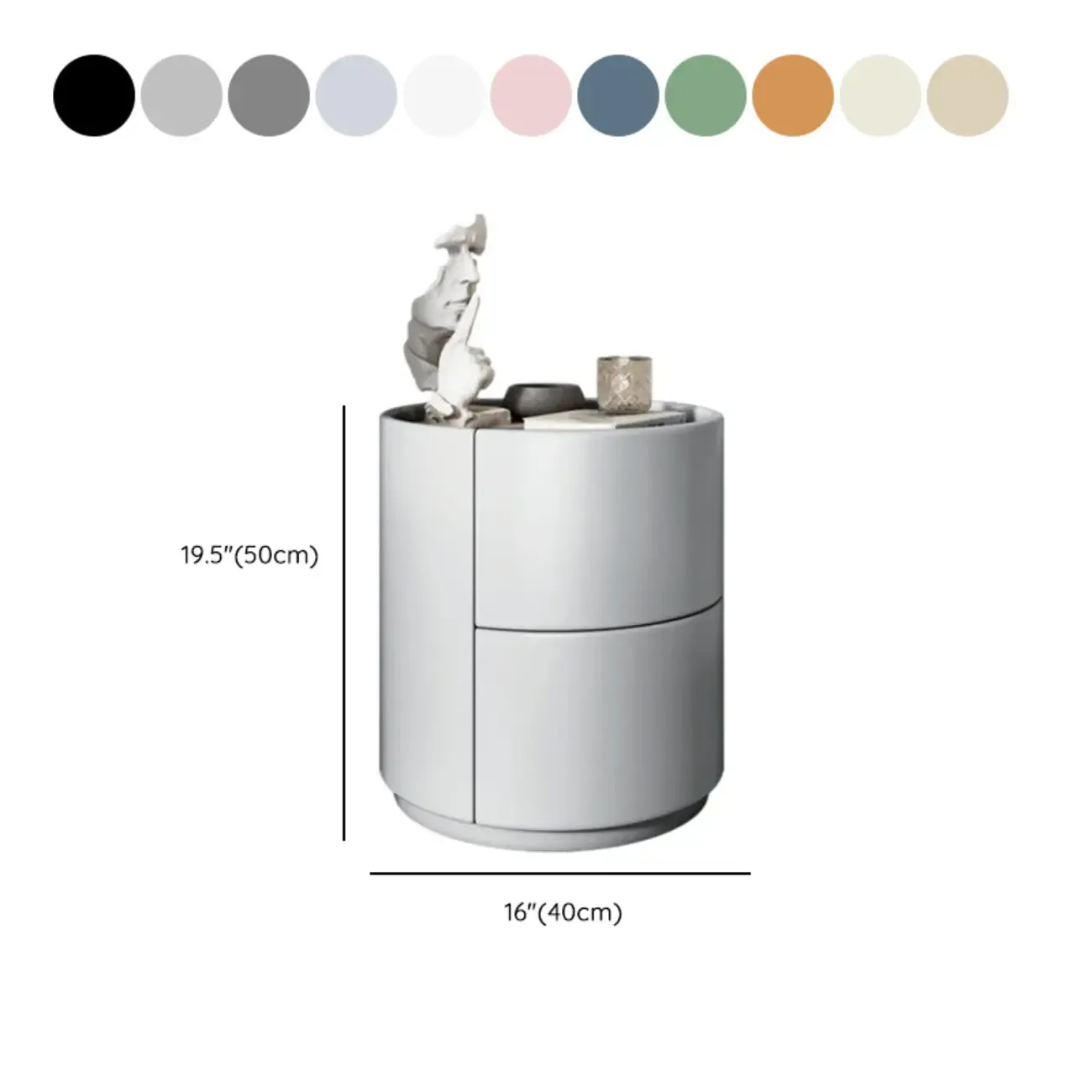 Simplistic Cylindrical Bedside Table with 2 Drawers #size