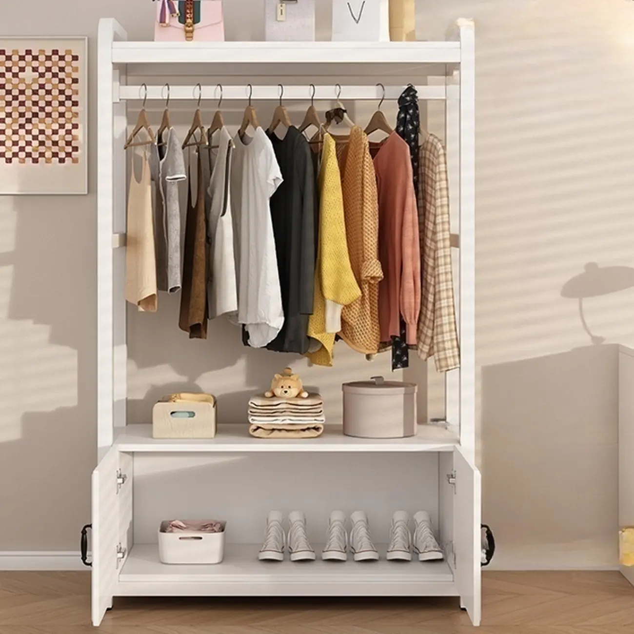 Modern White	Freestanding Coat Rack with Cabinets Image - 4 | homeyfad