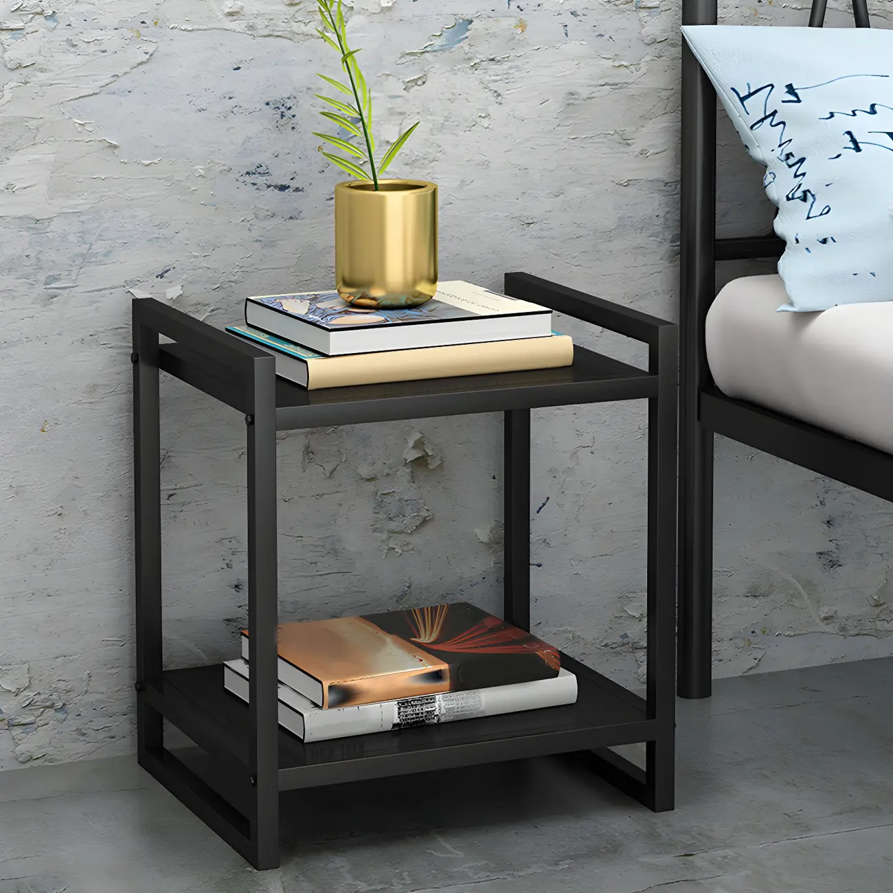 Modern Metal Nightstand with Open Storage in Black Image - 4 | homeyfad
