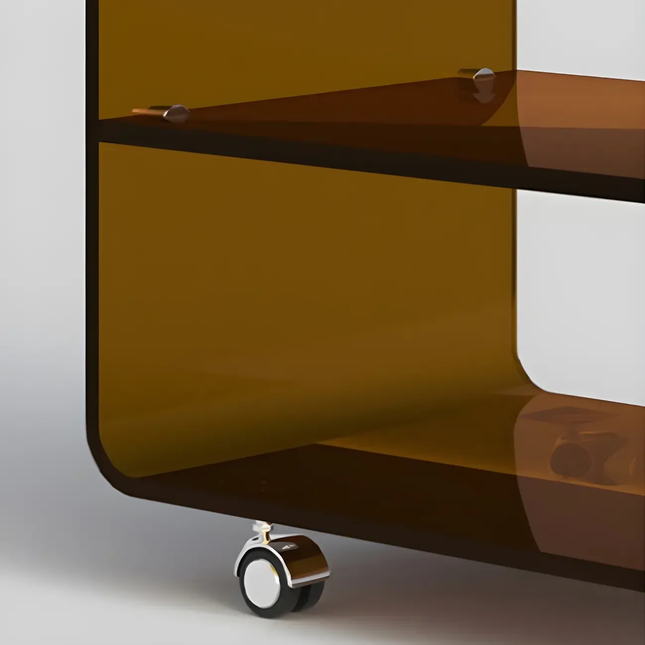 Modish Acrylic Bedside Table with Wheels and Open Shelves Image - 6