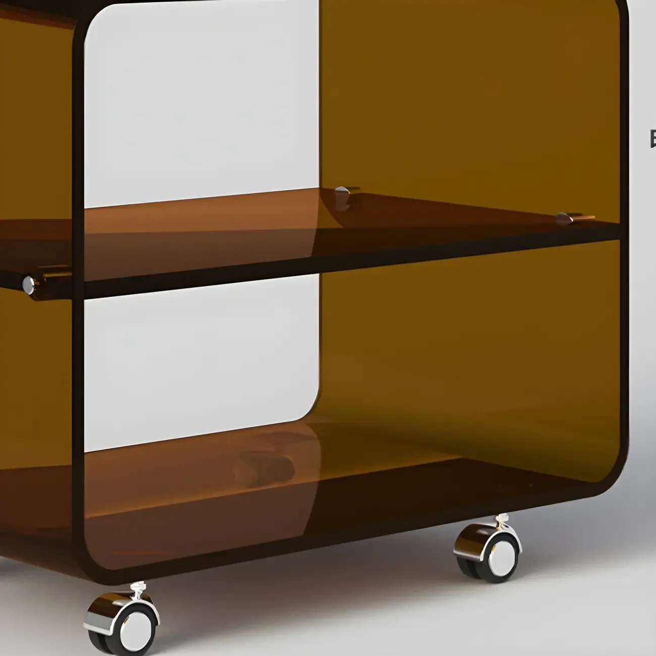 Modish Acrylic Bedside Table with Wheels and Open Shelves Image - 7
