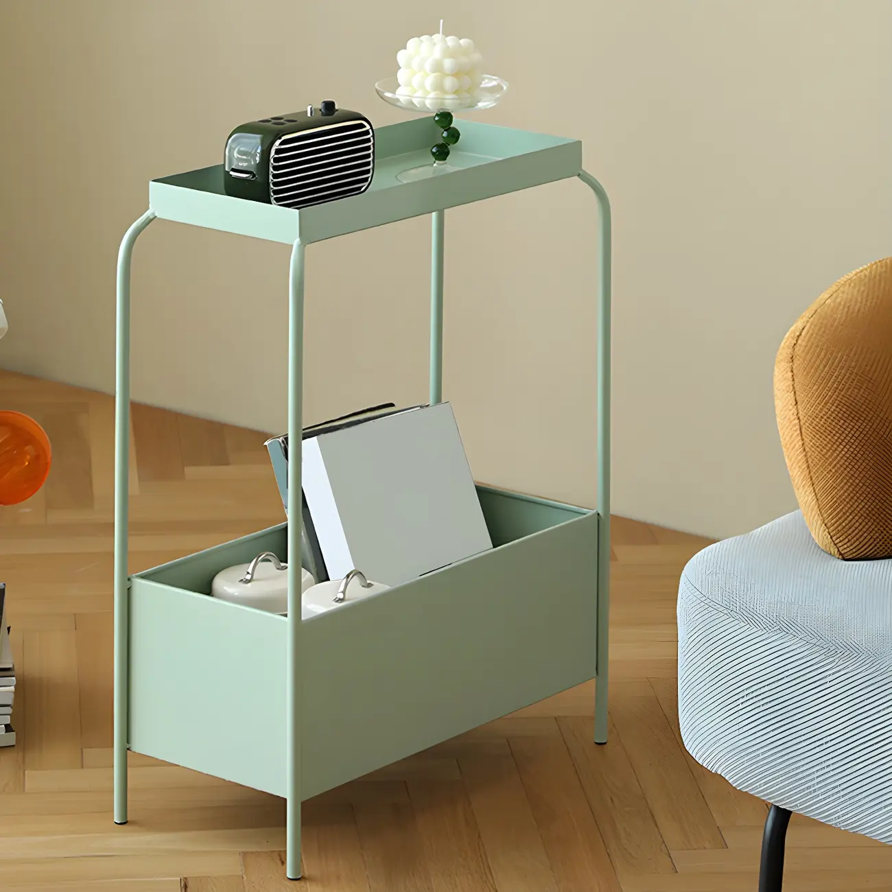 Modern Green Metal Bedside Table with Open Shelf Storage Image - 1 | homeyfad