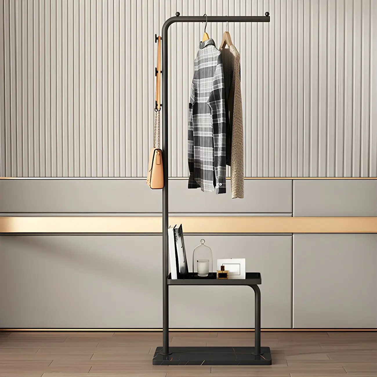 Glam Black Metal Freestanding Coat Rack with Storage Image - 16 | homeyfad