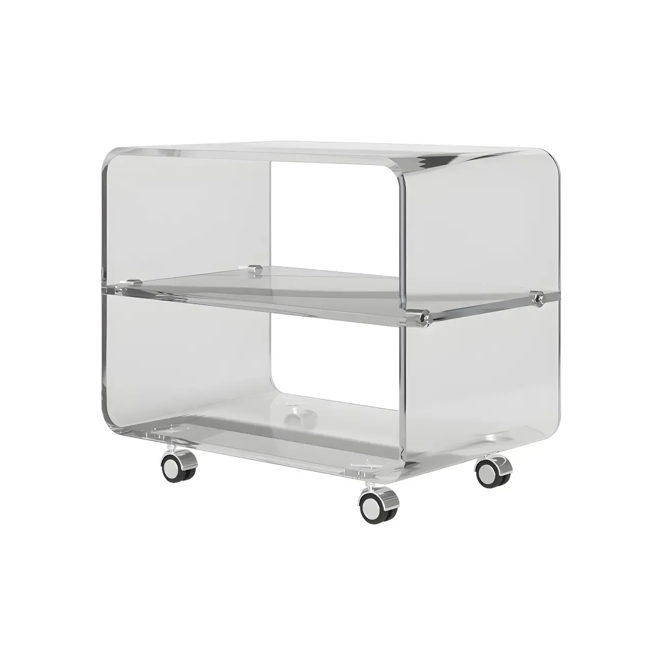 Modish Acrylic Bedside Table with Wheels and Open Shelves Image - 9