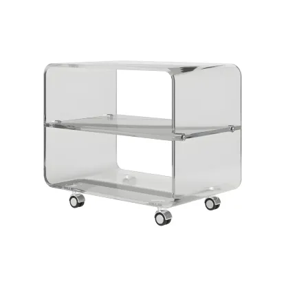 Modish Acrylic Bedside Table with Wheels and Open Shelves Image - 9
