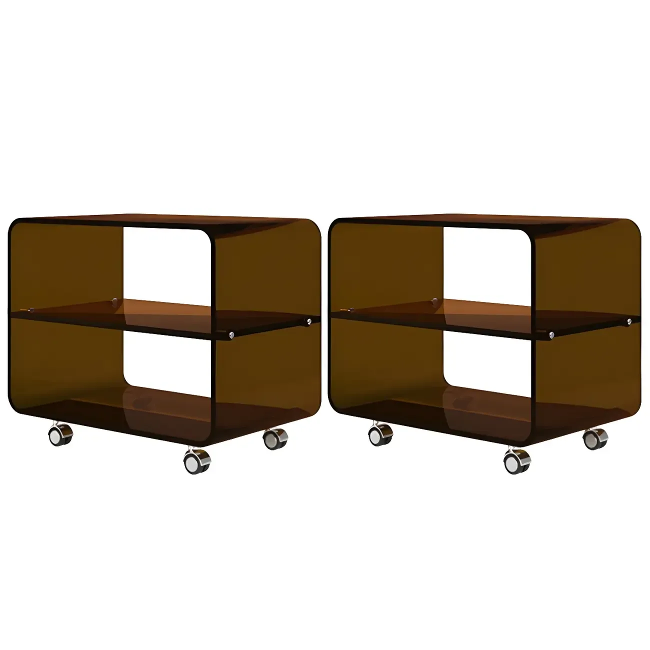 Modish Acrylic Bedside Table with Wheels and Open Shelves Image - 11