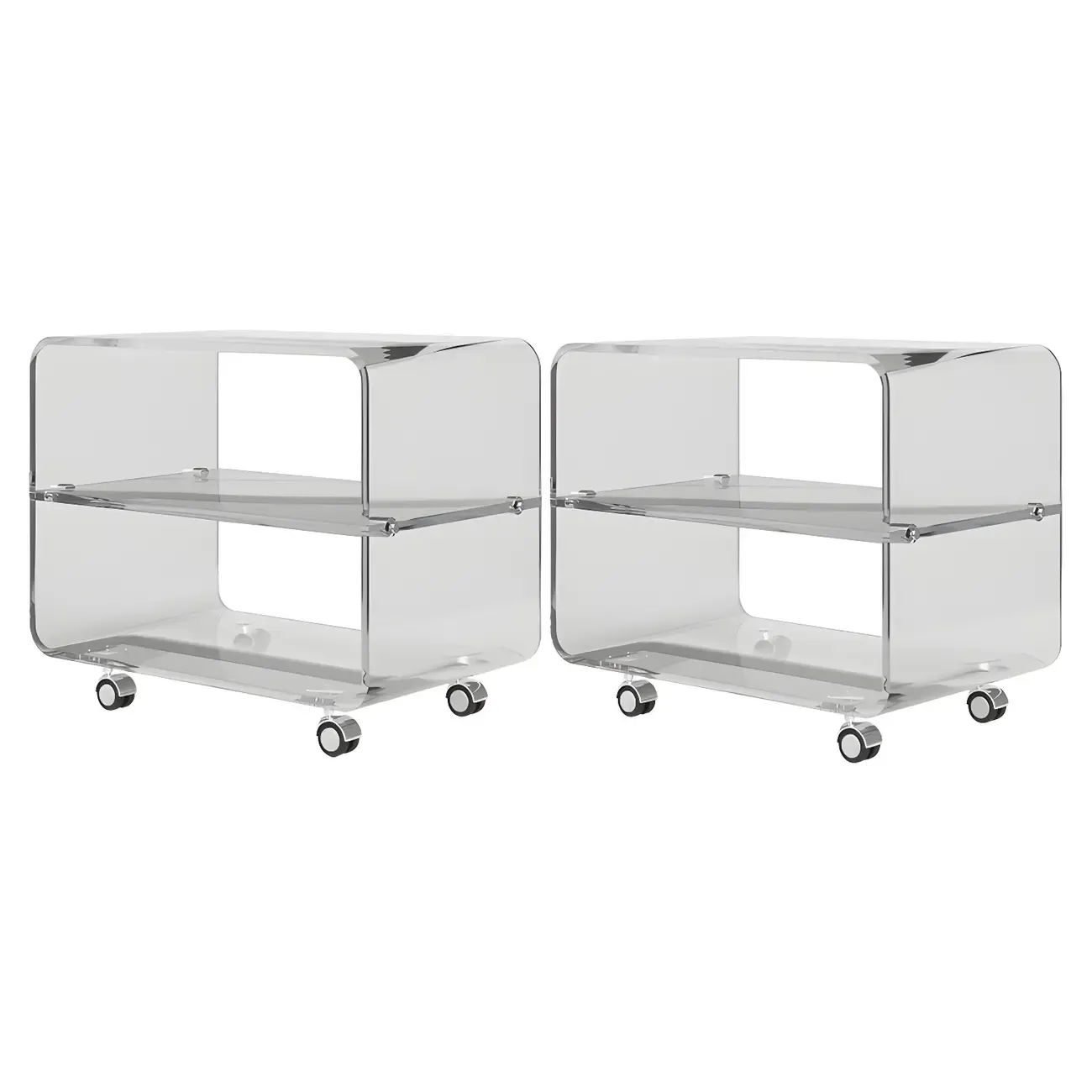 Modish Acrylic Bedside Table with Wheels and Open Shelves Image - 12